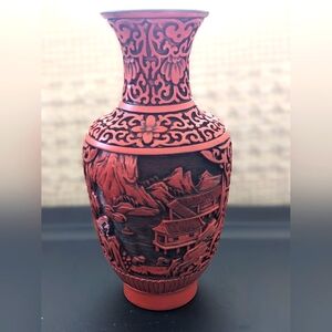Vintage / Antique 1920s Chinese Hand-Carved Red Cinnabar Lacquer Vase